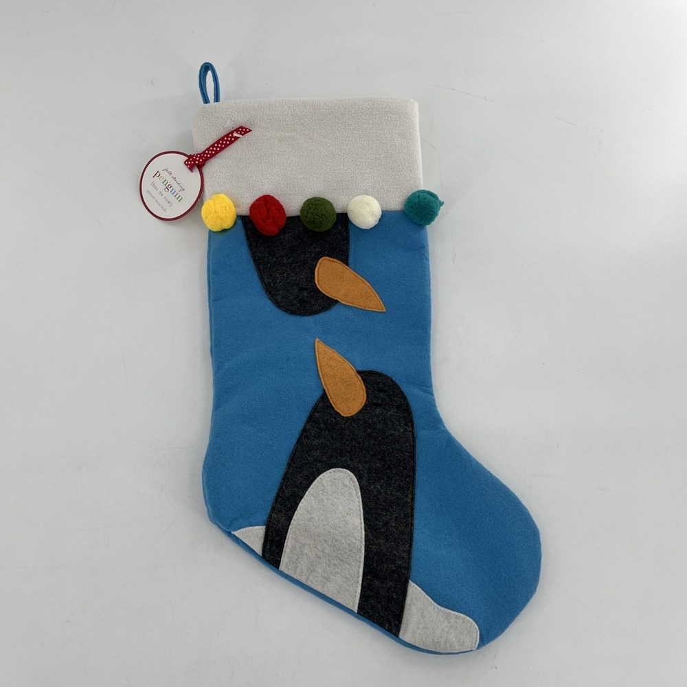 Rare Pottery Barn Felt Christmas Stocking‎ Blue 2 Empire Penguins Snow Poms, 22"